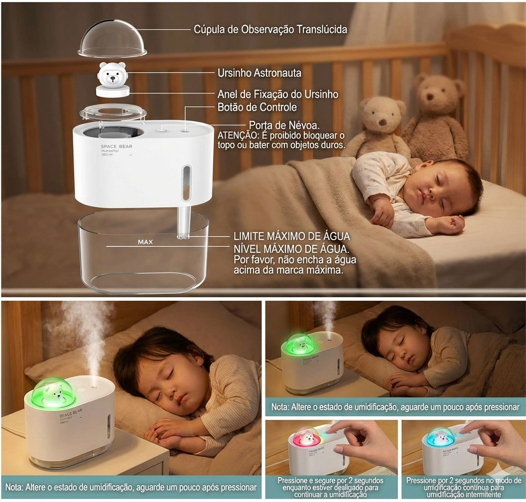 Umidificador Infantil USB Silencioso – Difusor de Névoa com Desligamento Automático para Quarto de Bebê