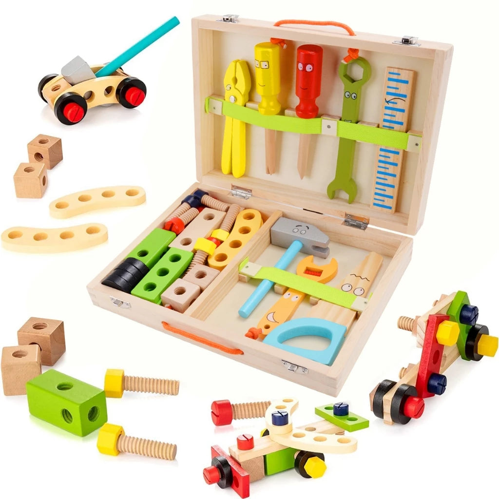Kit de Ferramentas Infantil de Madeira Montessori – Caixa de Ferramentas Educativa 34 Peças | +3 Anos