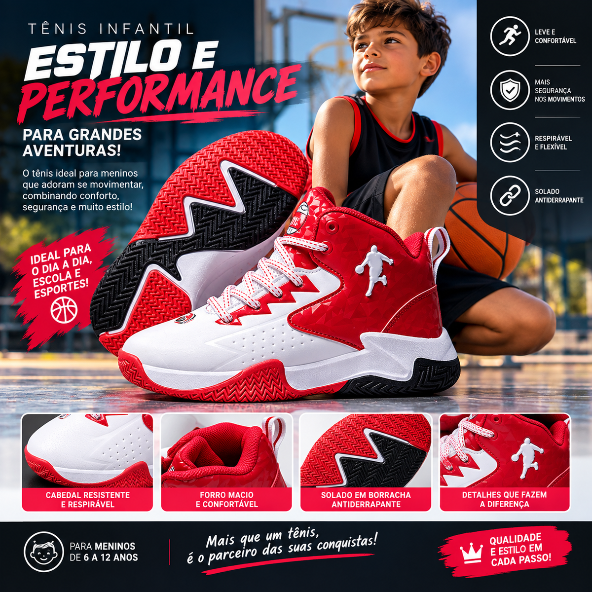 Tênis Infantil de Basquete Masculino Cano Alto Antiderrapante