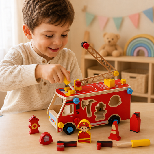 Caminhão de Bombeiro Educativo de Madeira Montessori – Kit DIY de Montar com Ferramentas | +3 Anos