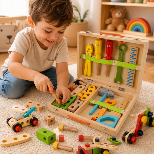Kit de Ferramentas Infantil de Madeira Montessori – Caixa de Ferramentas Educativa 34 Peças | +3 Anos