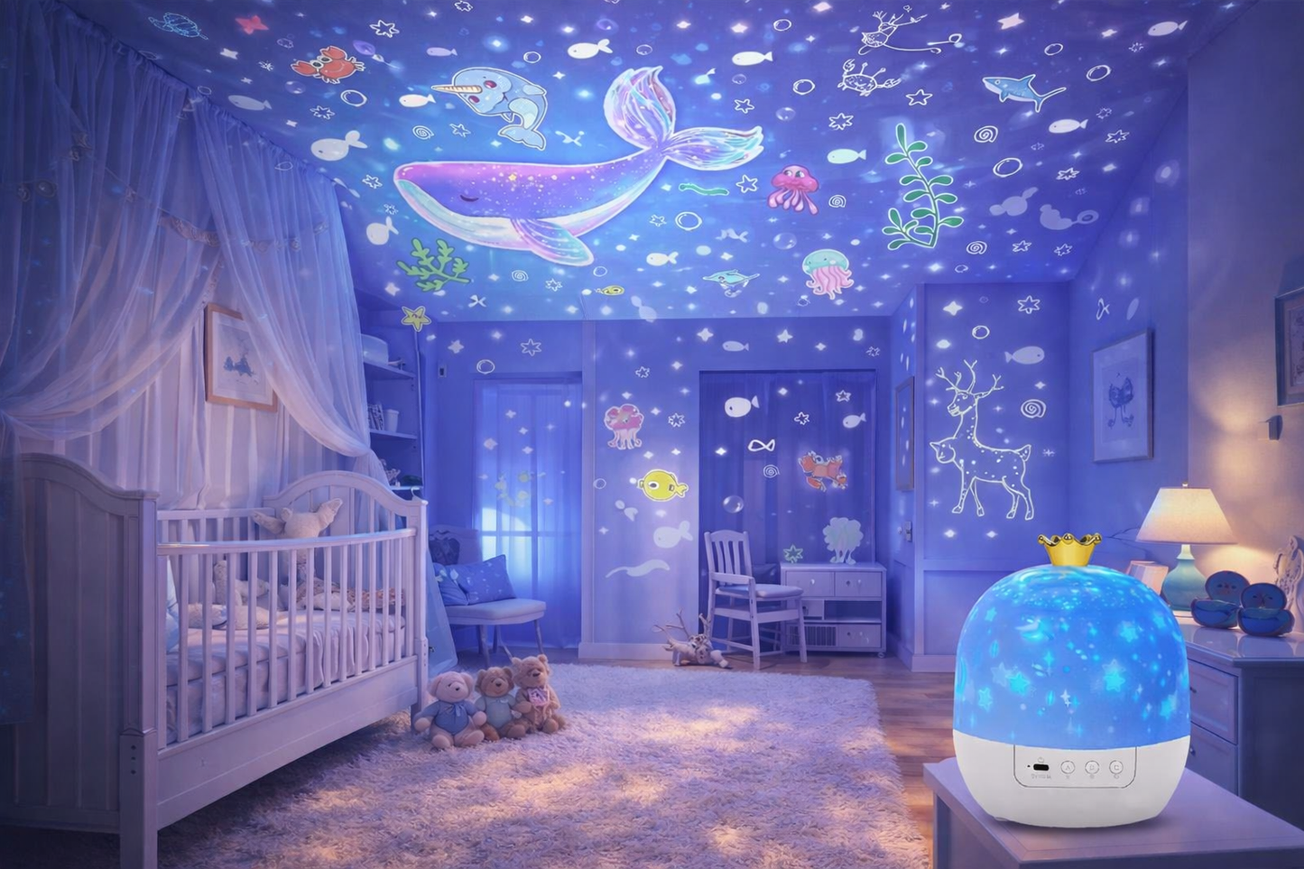 Projetor Noite Mágica – Luz Calmante com Estrelas para Quarto Infantil