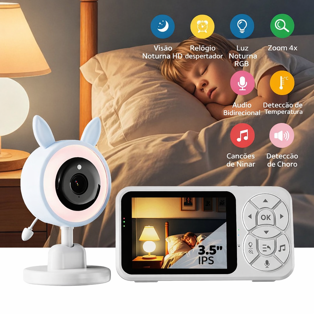 Babá Eletrônica SmartCare Pro – Monitor de Bebê com Câmera HD, Luz Noturna RGB, Áudio Bidirecional e Sensor de Temperatura