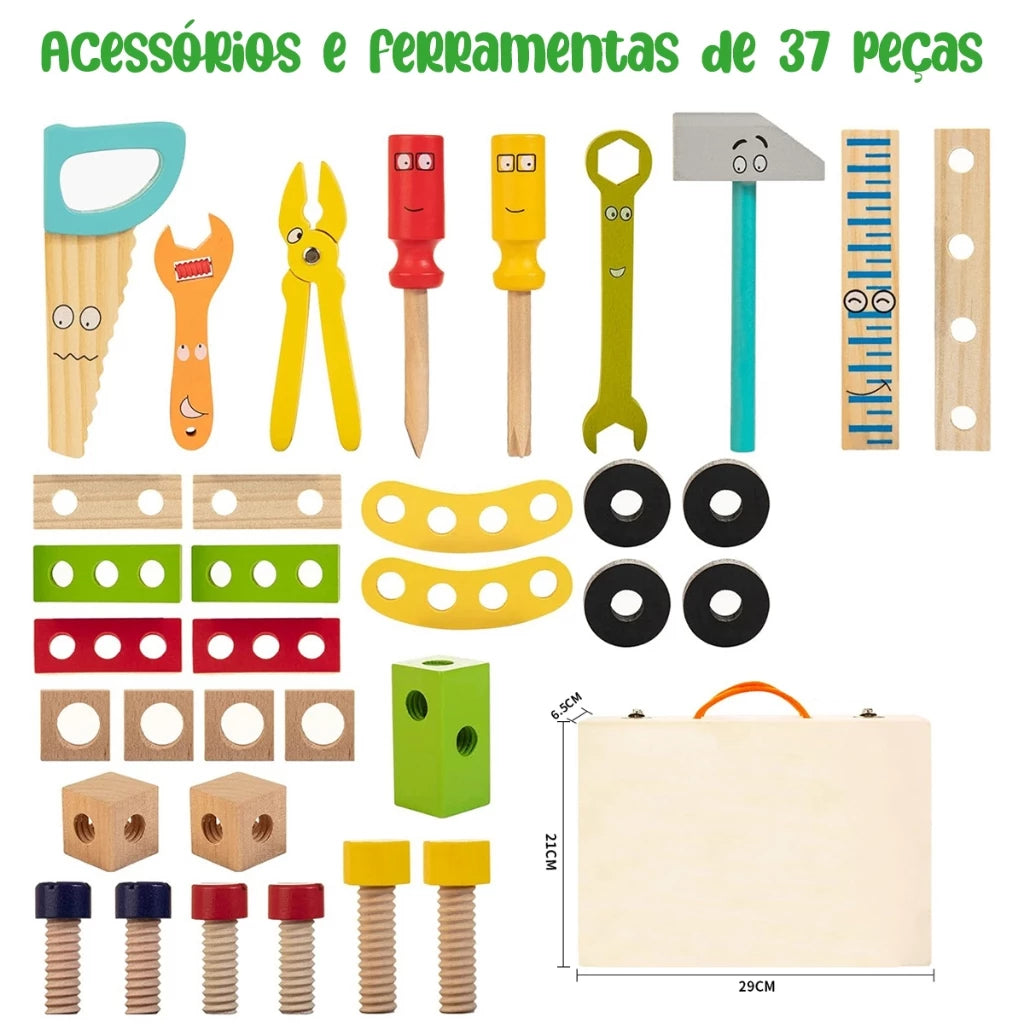 Kit de Ferramentas Infantil de Madeira Montessori – Caixa de Ferramentas Educativa 34 Peças | +3 Anos