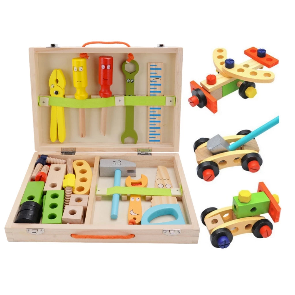 kit de ferramentas infantil, caixa de ferramentas de madeira, brinquedo montessori, brinquedo educativo, oficina infantil, brinquedo de construção, brinquedo de madeira, brinquedo educativo 3 anos, brinquedo para montar, brinquedo coordenação motora, ferramentas infantis, kit construtor infantil, brinquedo pedagógico, presente infantil educativo, brinquedo montessori madeira.