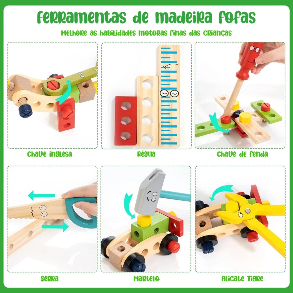 Kit de Ferramentas Infantil de Madeira Montessori – Caixa de Ferramentas Educativa 34 Peças | +3 Anos