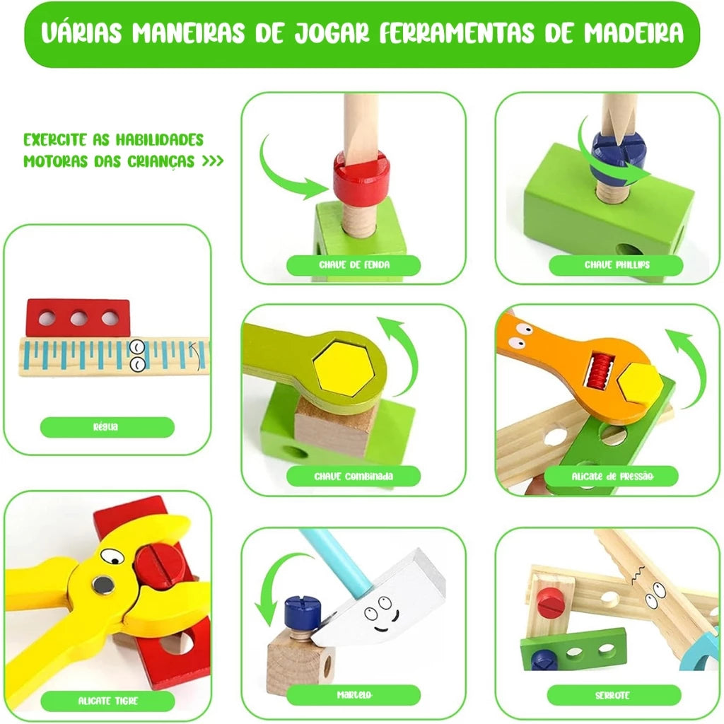 Kit de Ferramentas Infantil de Madeira Montessori – Caixa de Ferramentas Educativa 34 Peças | +3 Anos