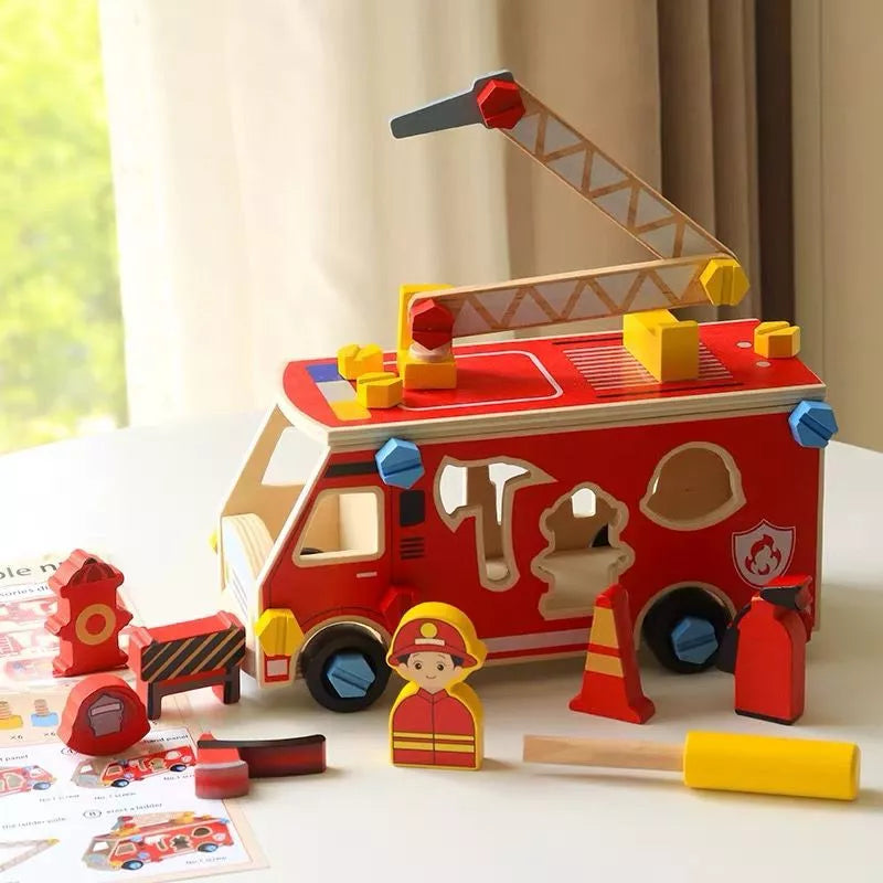 Caminhão de Bombeiro Educativo de Madeira Montessori – Kit DIY de Montar com Ferramentas | +3 Anos