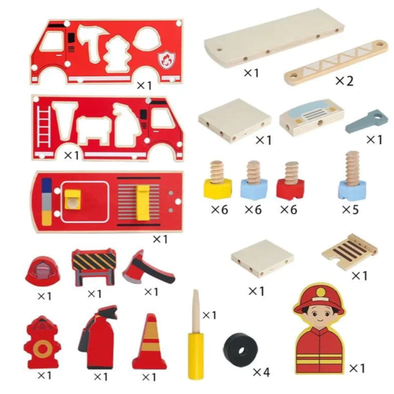 Caminhão de Bombeiro Educativo de Madeira Montessori – Kit DIY de Montar com Ferramentas | +3 Anos