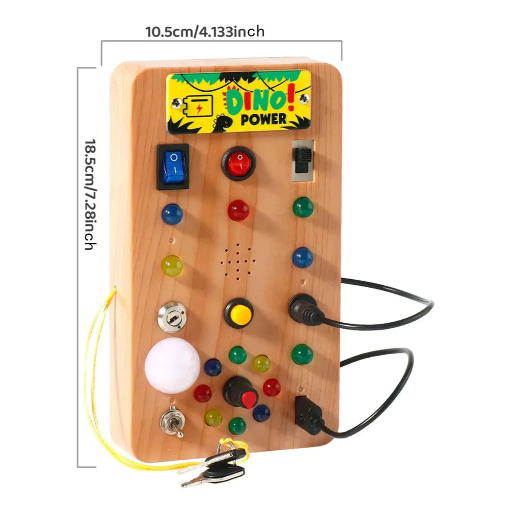 Painel Sensorial Montessori Dino Power™ | Brinquedo Educativo de Madeira com Luzes e Atividades Interativas