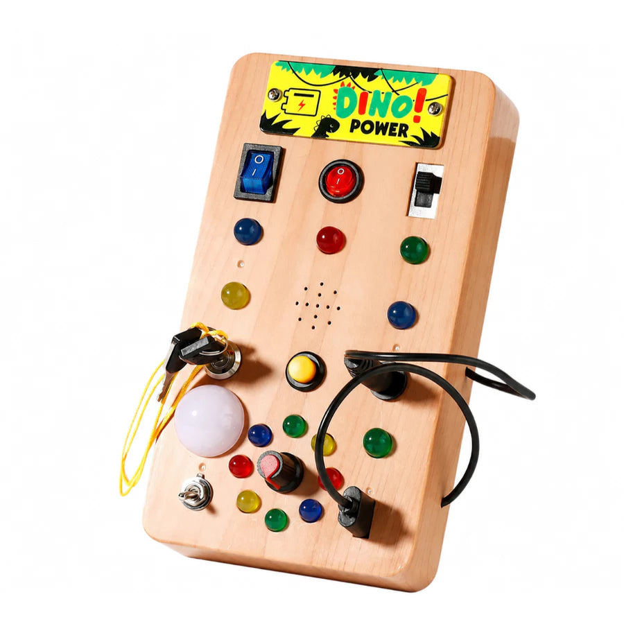 Painel Sensorial Montessori Dino Power™ | Brinquedo Educativo de Madeira com Luzes e Atividades Interativas
